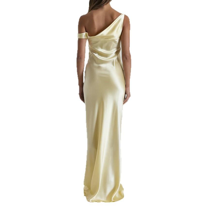European and American Style Sexy Backless Swing Collar Diagonal Off-the-shoulder Dress High-end Sense Satin Niche Design Sense Dress Long Dress Women