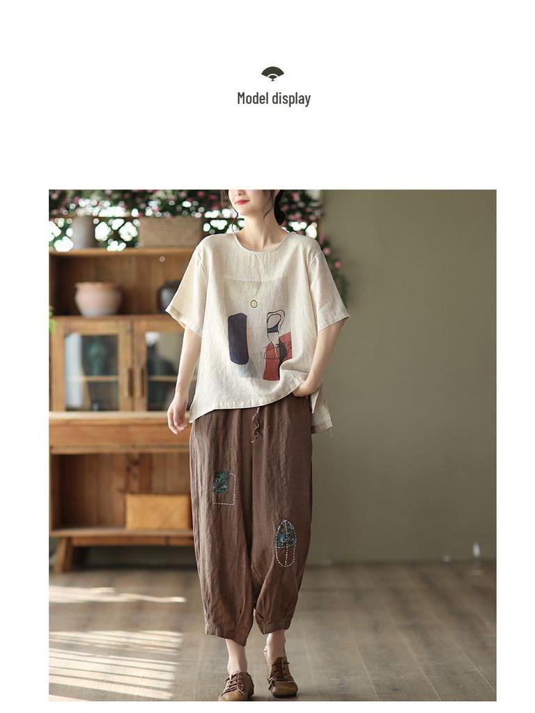 Women's Retro Print Cotton Linen Top - Short Sleeve, Loose Fit Pullover