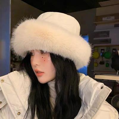 Autumn and Winter Hat Women's Solid Color Thickened Warm Bucket Hat Winter Fox Hair Cold Hat