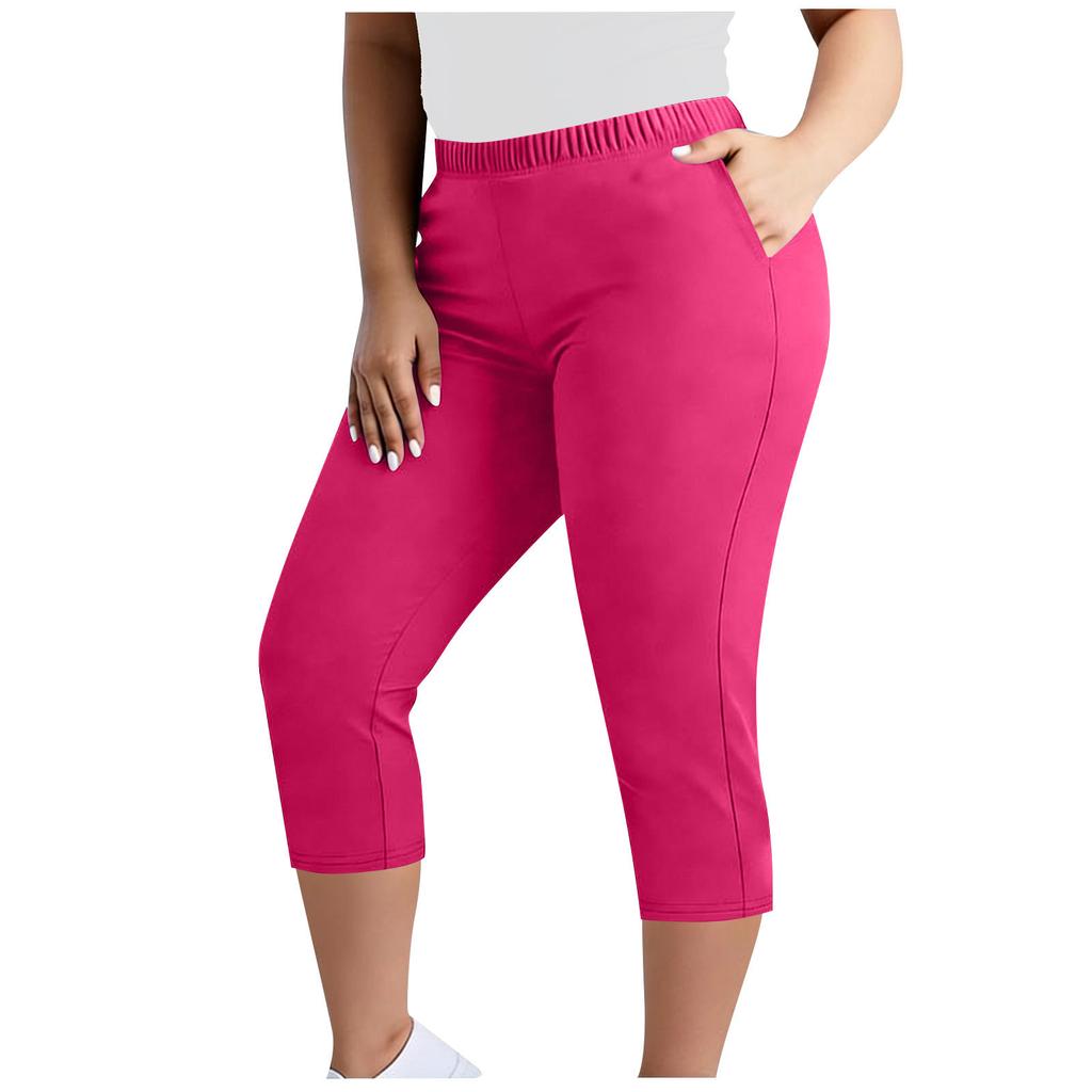 Pantaloni Capri elasticizzati taglie forti da donna con elastico in vita e tasche, pantaloni cropped comodi per l'uso quotidiano