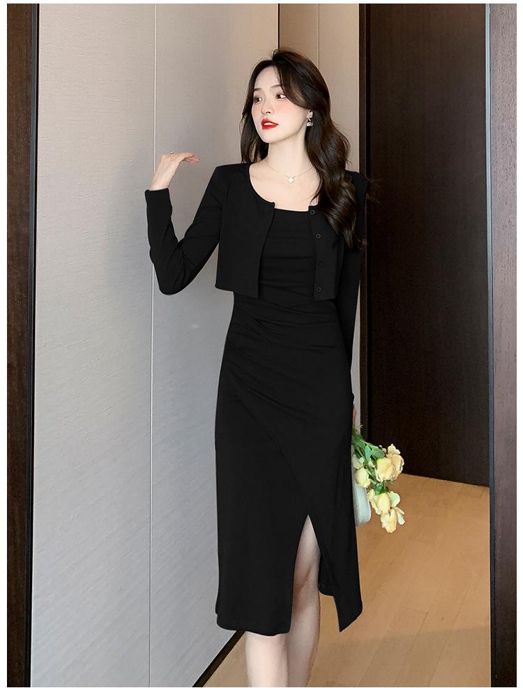 Spring Pure Desire Dress & Cardigan Set - Spaghetti Strap Slit Skirt + Long Sleeve Top