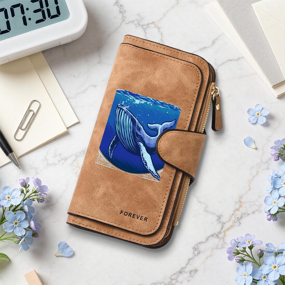 Fashion Whale Printed Long Wallet Multi Card Slot Portable Casual Leather Purse
