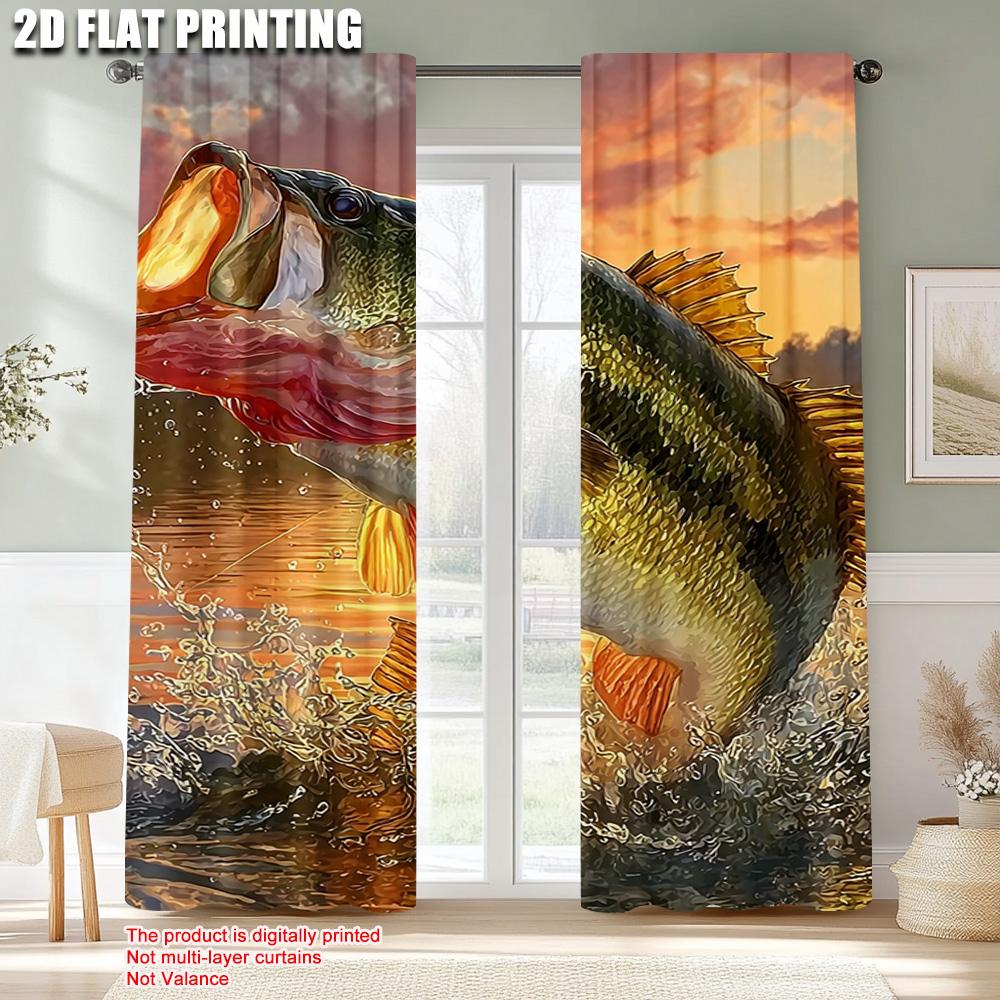 2pcs,2D Plane Printing Window Curtain Fishing Enthusiast Durable Polyester (without Rod) Outdoor Decorations for Season Home