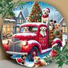 Vintage Red Truck Dogs Christmas Iron Wall Art Round Holiday Home Decor
