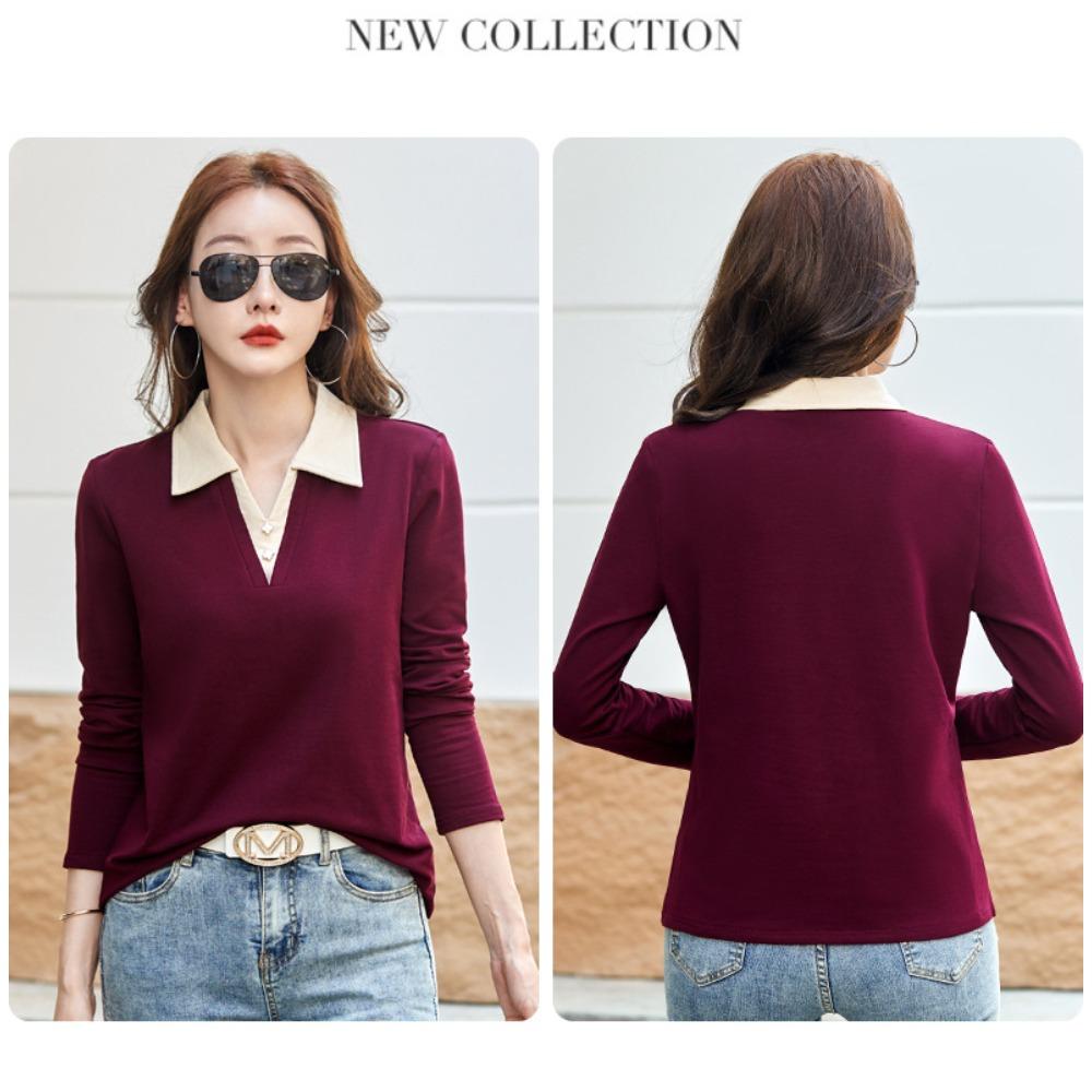 Autumn Winter Women's Long Sleeve T-Shirt Lapel Collar Casual Top
