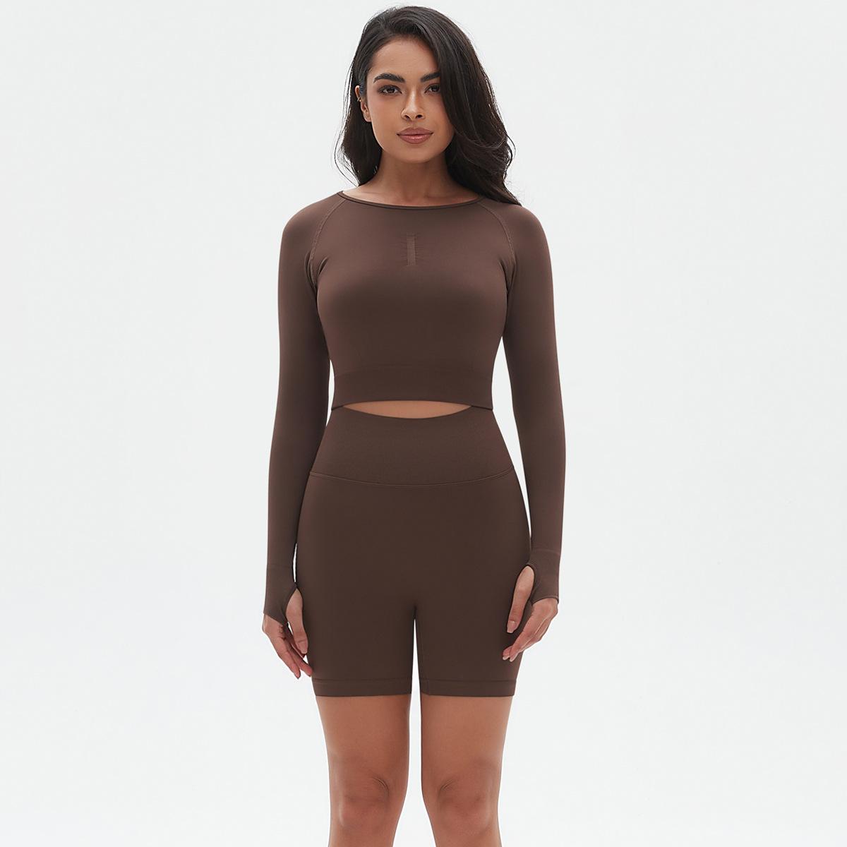 

Бесшовный вязаный однотонный облегающий спортивный комплект с длинным рукавом, высокая эластичность, дышащий, для бега, фитнеса, йоги, комплект из двух предметов для женщин L