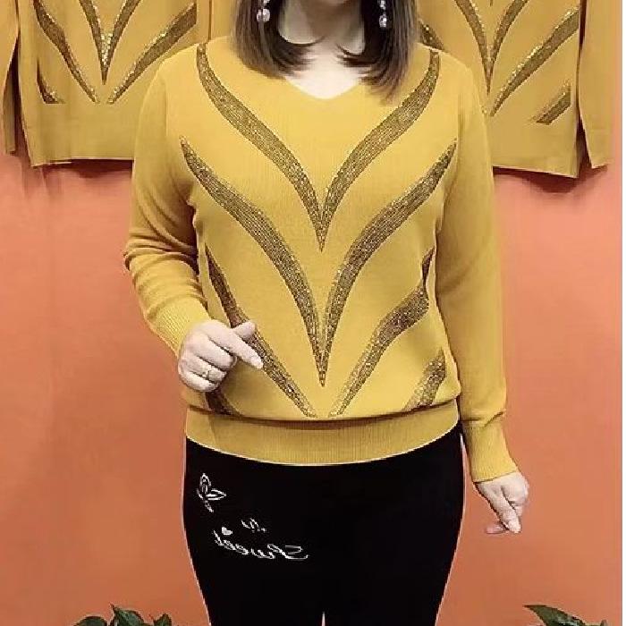 

Весна 2023 Топ большого размера с круглым вырезом и длинными рукавами, вязаный, с горячей фиксацией, для женщин среднего возраста 4XL жёлтый