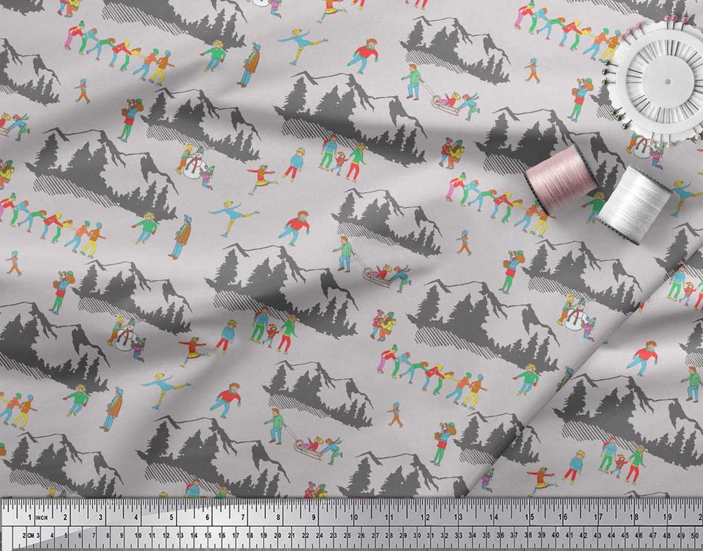 Soimoi Šedá japonská krepová saténová látka Lidé, Sáně a Hory Sváteční dekorační látka Tištěný metr 42 palců