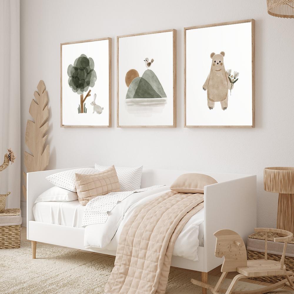 Deer Fox Rabbit Bear Woodland Nursery Wall Art Print Canvas Painting Nordic Posters Boho Wall Pictures for Baby Kids Room Decor