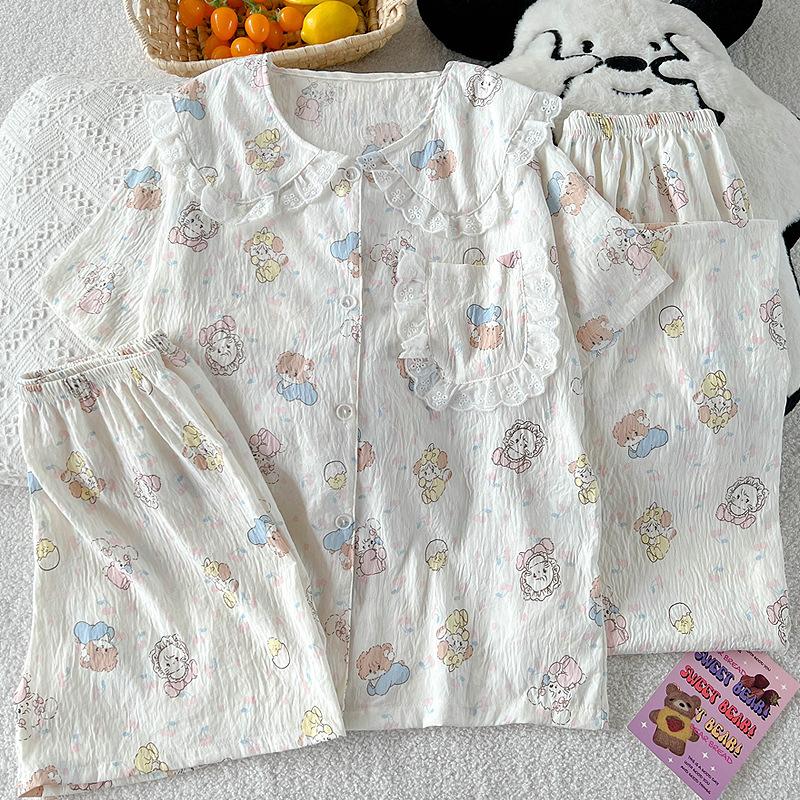 Doll Collar Lace Mikko Pajamas Women'S Summer Cloud Cotton Loungewear Short Sleeve Three-Piece Set