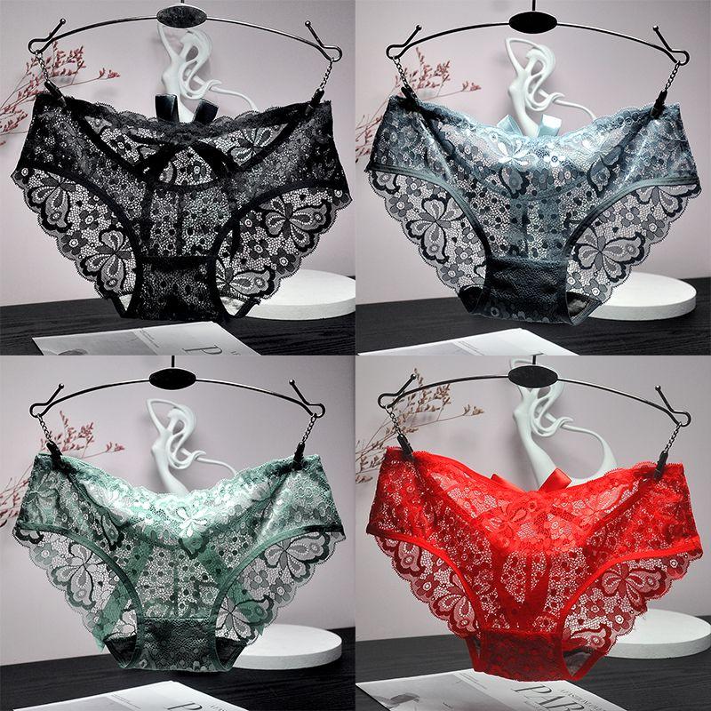 4PCS Sexy Unterwäsche Perspektive Spitze Frauen Höschen Floral Solide Briefs Weibliche Unterhose Breathablle Frauen Dessous