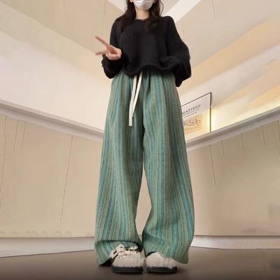 American Vintage Color-Block Wide-Leg Casual Pants for Women - High-Waisted Straight-Leg Sporty Trousers with Designer Edge (Spring/Fall)