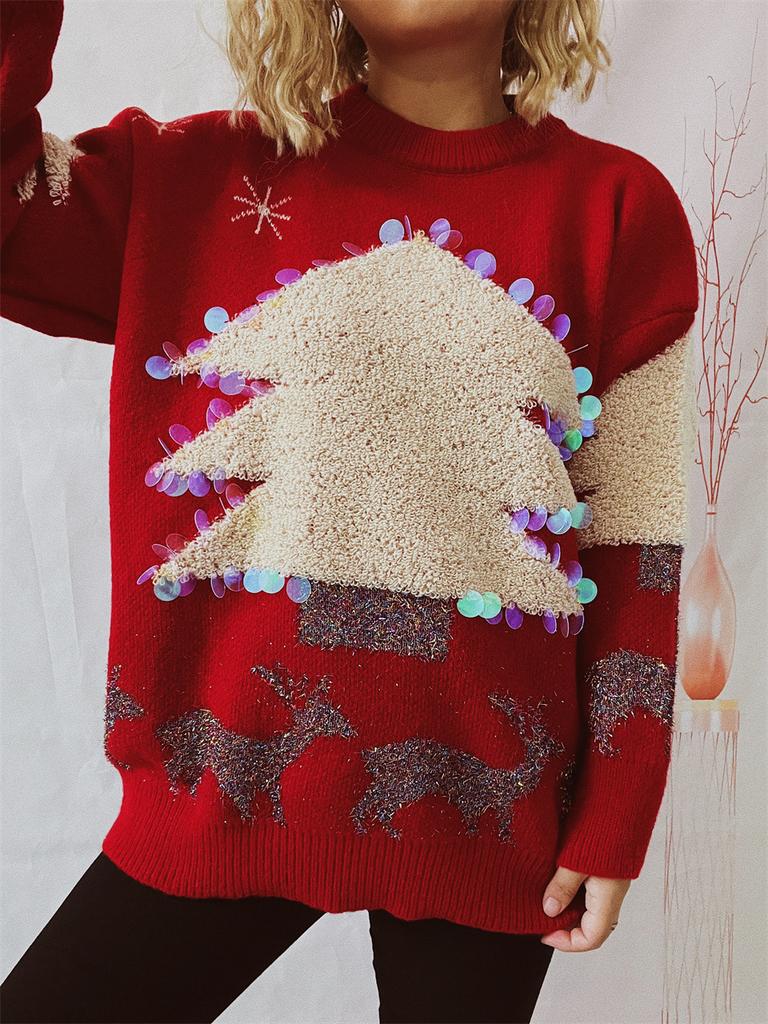 Christmas holiday sweater handmade sequined Christmas tree deer jacquard thick pullover sweater 3605