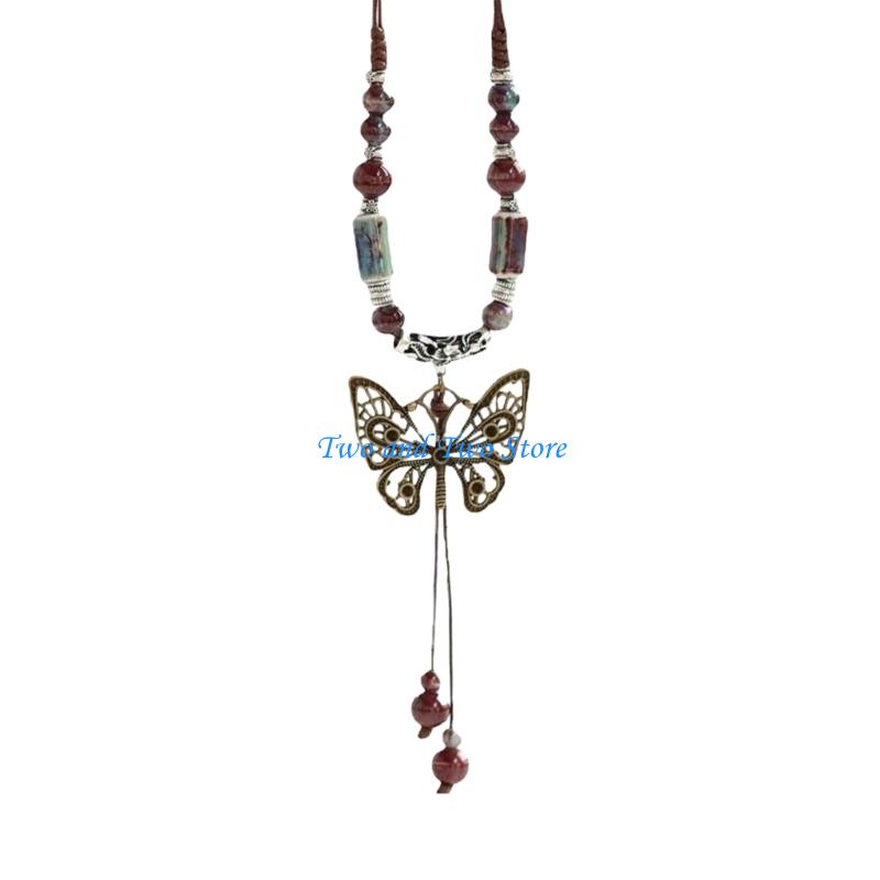 HX6F Handmade Ethnic Jewelry Artistic Butterfly Ceramic Pendant Adjustable Necklace