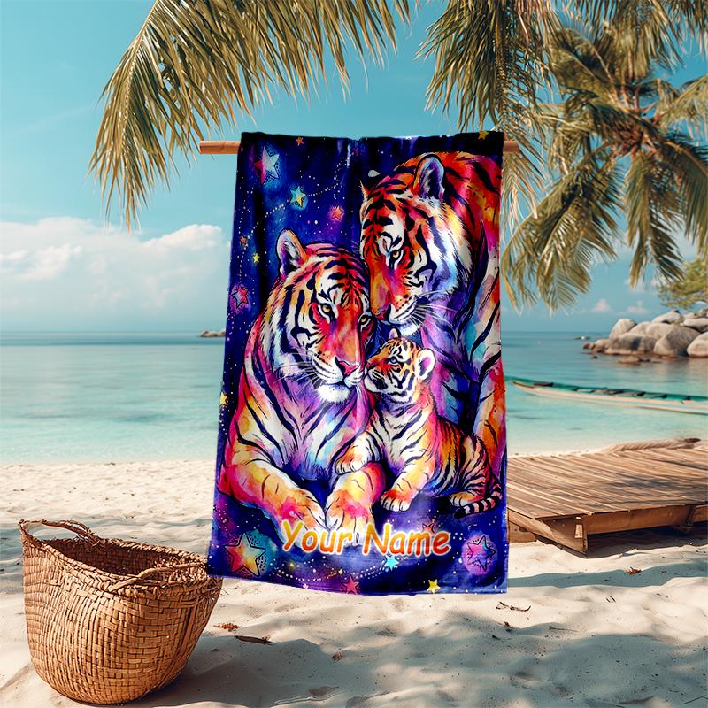 1PC Custom Name Tiger Family Stars Beach Towel Highly Absorbent And Sand-Resistant Towel for Swimming, Pool, Yoga, And Travel Lightweight