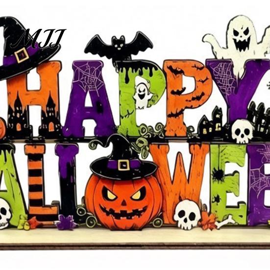Halloween Tiered Tray Decor Happy Wooden Sign Ornaments with Pumpkin Ghost And Bat Elements for Stable Table Autumn Holiday Home Party Decorations