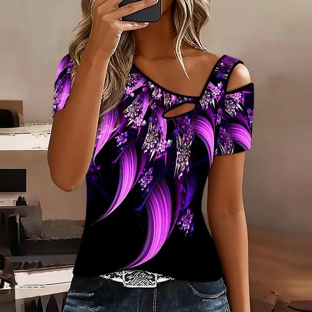 Women Geometric Pattern Print Cold Shoulder Short Sleeve T Shirt Irregular Cutout Neck Casual Summer Blouse Top