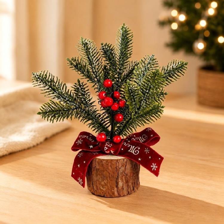 Wood Base Christmas Tree with Faux Branch Detail for Desk, Shelf, Counter, Entry Table, and Shop Front Display