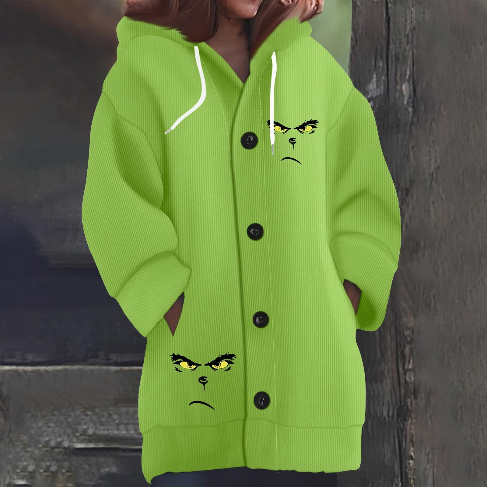 

Свитшоты для женщин Вязаный свитер с длинным рукавом Принт Вязаный худи с пуговицами Кардиган Пальто L армия зеленый