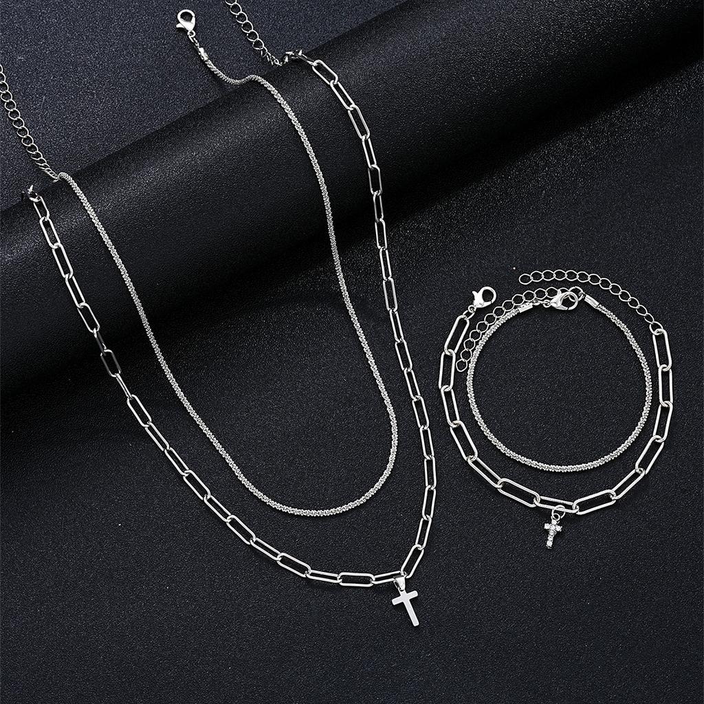 4-piece Fashion Street Style Cross Pendant Necklace Zircon Bracelet Jewelry Set for Men Women Punk Party Daily Wear Jewelry Gift