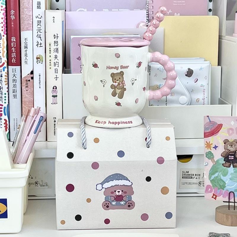 Cute girl heart cartoon bear ceramic mug with lid for girl birthday gift girlfriend souvenir gift box