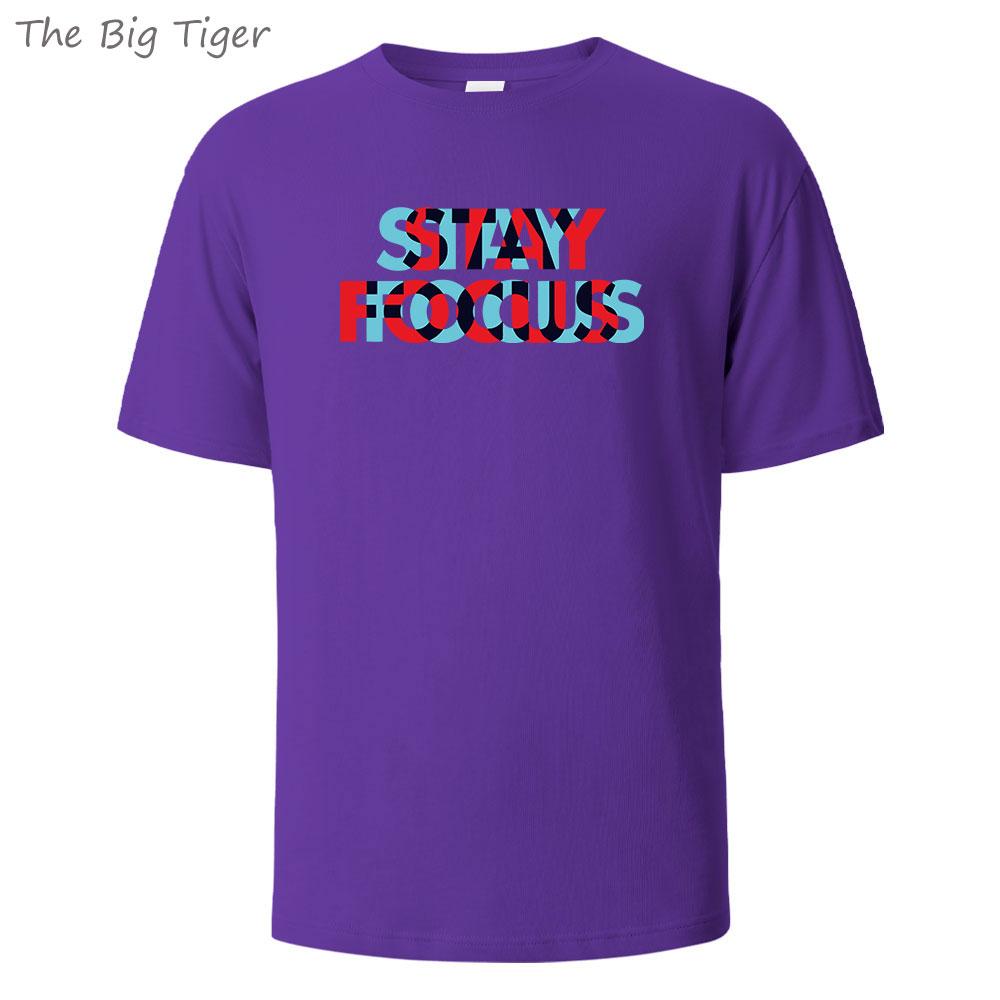 Stay Focus Painting Soft Cotton Tshirt For Men Breathable Fabric Relaxed Fit Crew Neck Simple Basic Mens Tshirt Fashion Tops