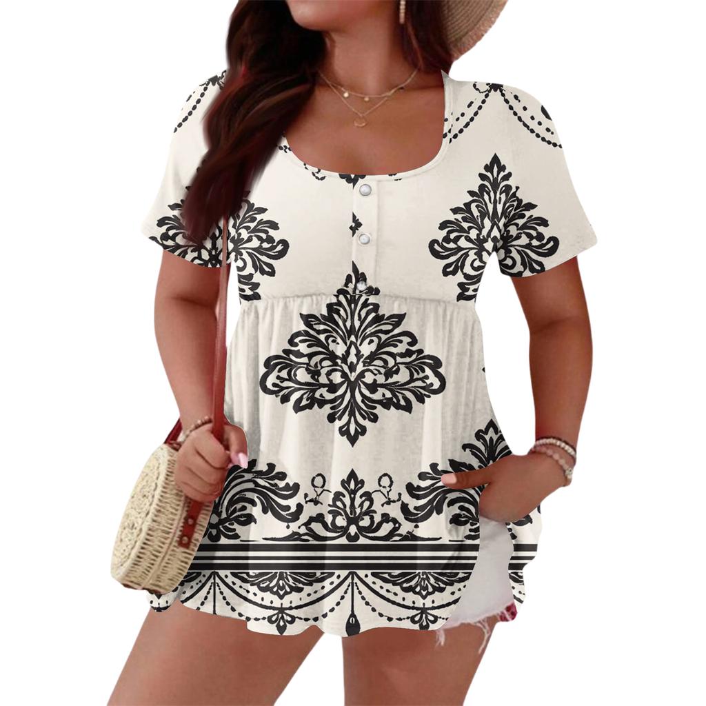Women's Fashionable Casual Short Sleeve Loose Fit Button Front Printed Blouse