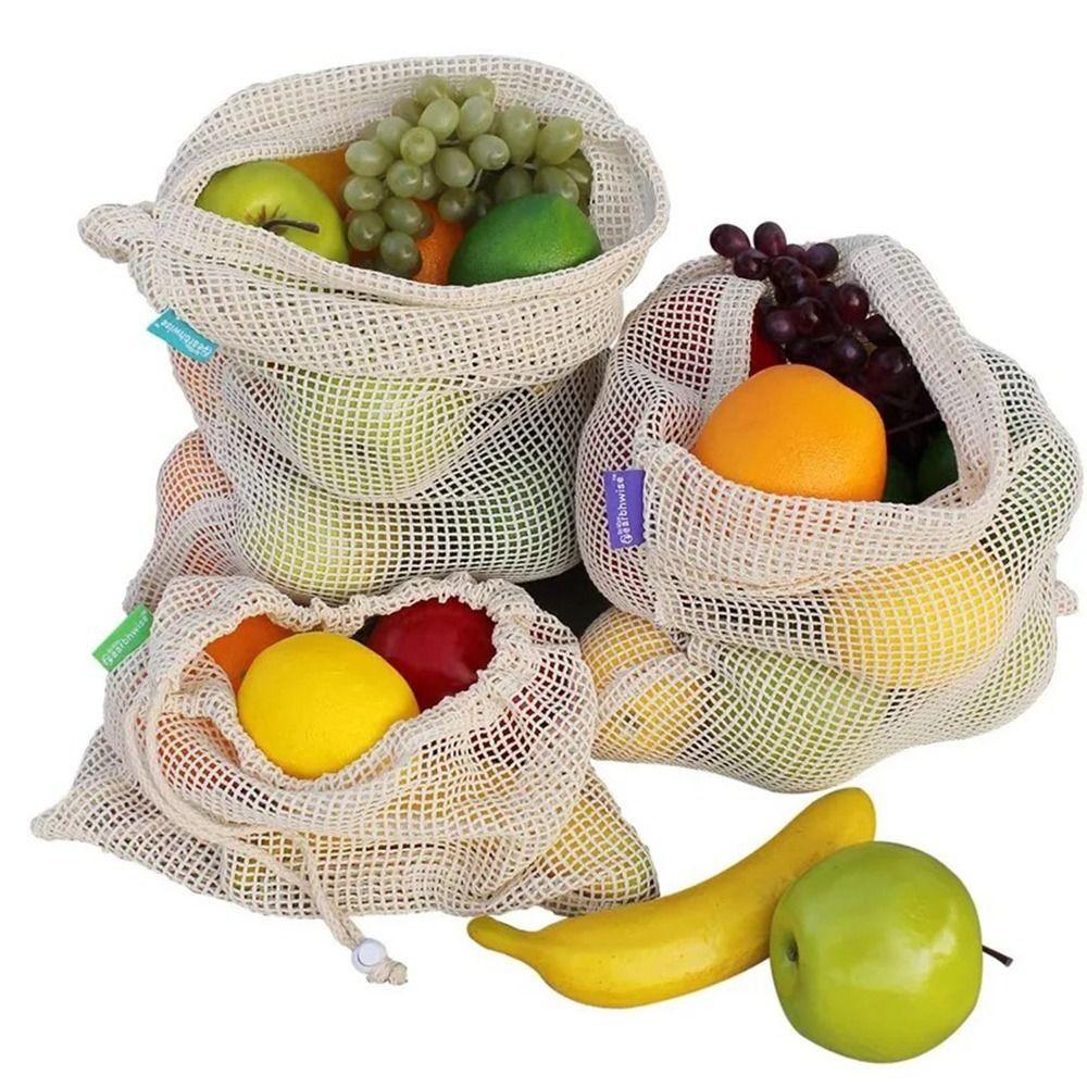 5Pcs Reusable Mesh Produce Bag Drawstring Vegetable Container Cotton Mesh Vegetable Bags  Fruit