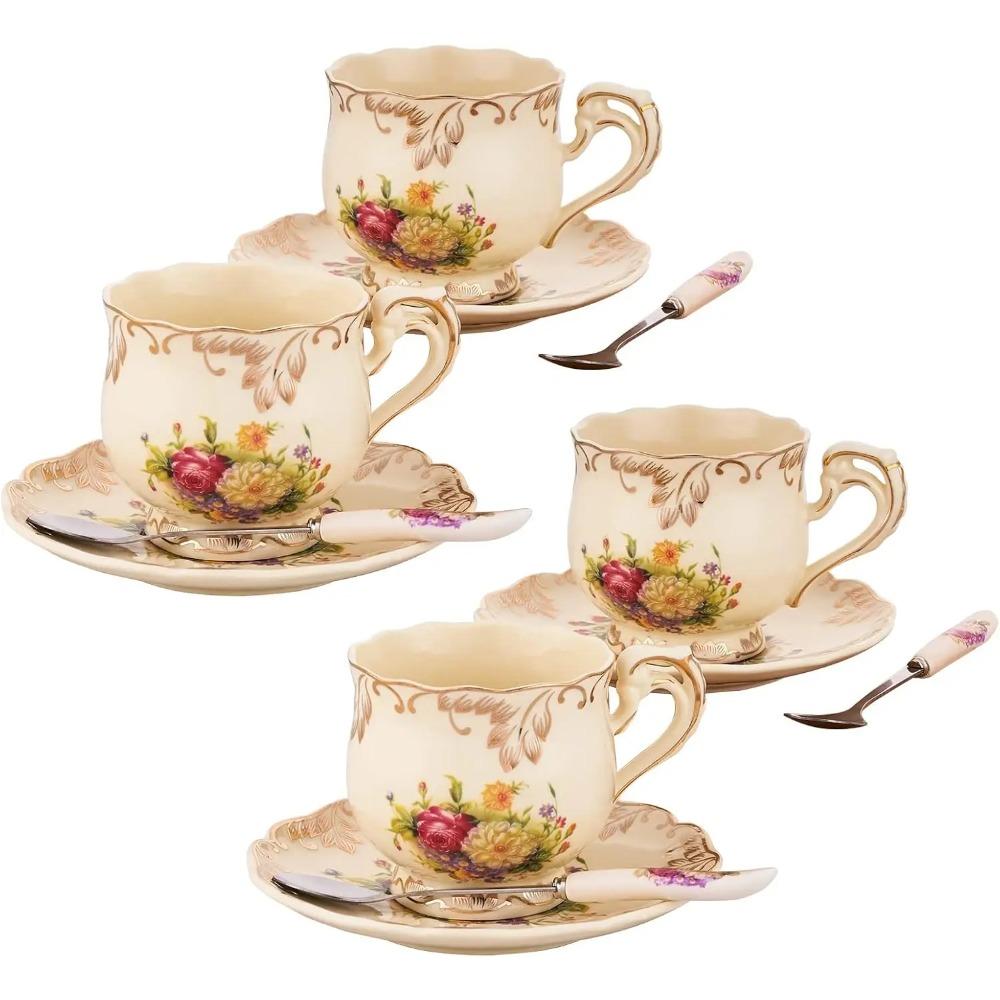 European Porcelain Tea Cups and Saucers Set, Vintage Floral Tea Cups Set, Ivory Gold Trim Floral Coffee Cups Set 8 Ounce