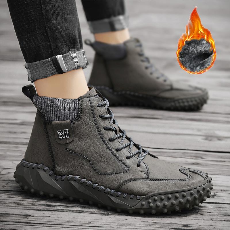 Mens Classic Winter Men's Boots Real Leather Plush Warm Men's Snow Boots Waterproof Outdoor Roman Men Work Boots Men Motorcycle Boots
