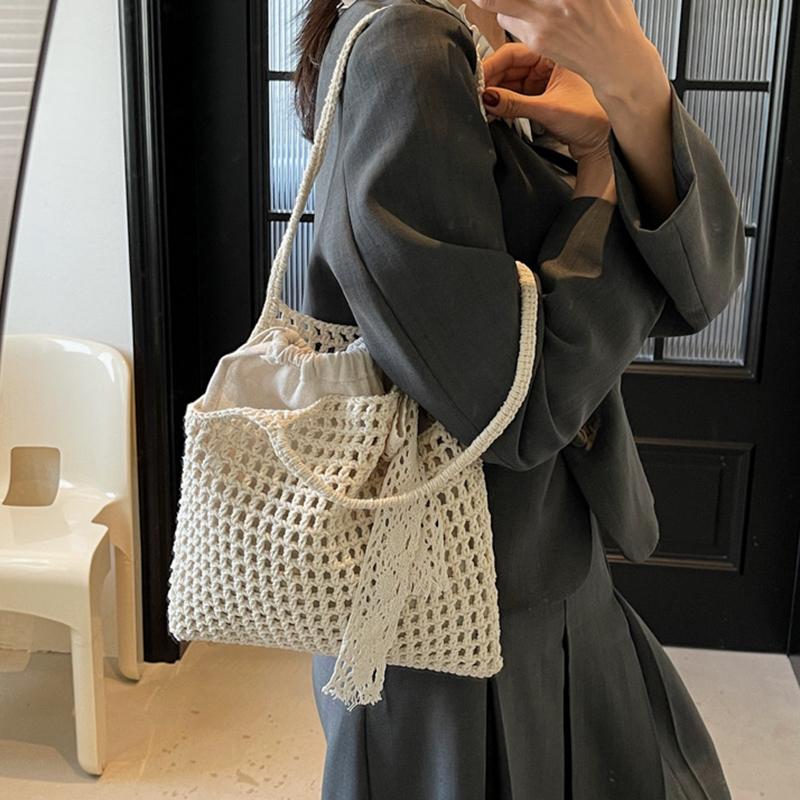 Yogodlns Natural Crochet Shoulder Bag for Women - Large Capacity Handwoven Beach Bag with Scarf, Summer Fashion Shopper Tote