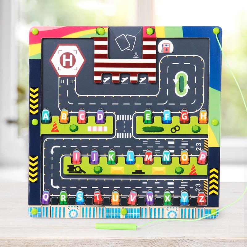 Montessori Wooden Magnetic Alphabet Maze Letter Puzzle Motor Skills Toys Gifts for Kids Parking Lot Puzzle for Children Toddlers