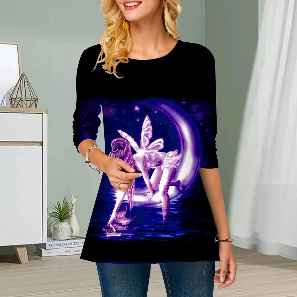 Plus Size Women Flower Flower Fairy Print Round Neck Casual Loose Long Sleeve Top