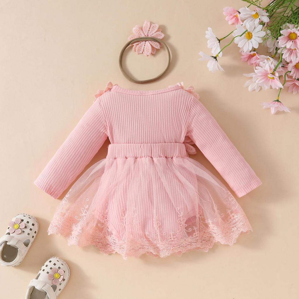 Sweet Floral Long Sleeve Baby Girl Romper Dress with Mesh Skirt