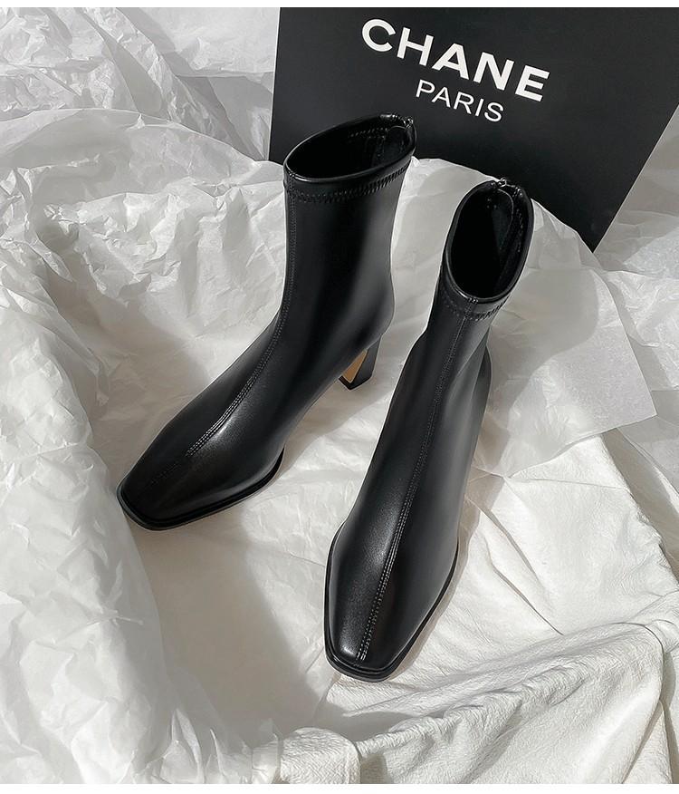 Brown Short Boots Women's High Heels Autumn and Winter New Velvet Thick Heel French Small Ankle Boots Rear Zipper Elastic Square Head Thin Boots