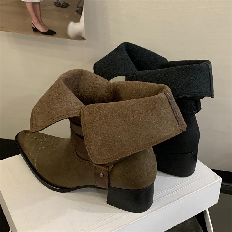 Fashion Sexy Pointed Toe Cowboy Ankle Boots Women Square Heels Goth Short Booties Autumn Winter Street Style Buckle Strap Botas Mujer