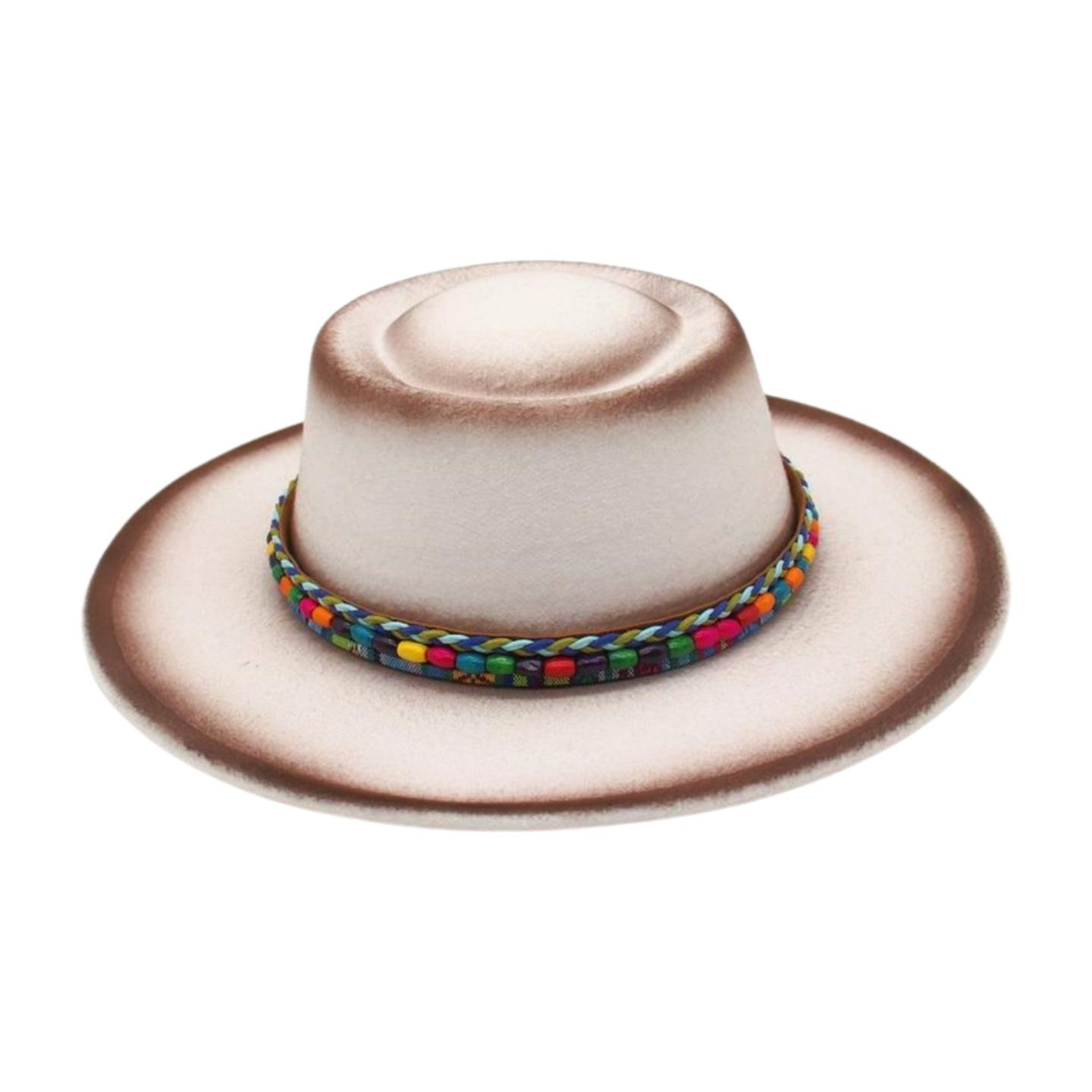 

Bohemian Colored Wood Beads Accessories Cowboy Hat Dome Gradual Change Big Brim Jazz Hat Retro Woolen Felt Hat one size fits all [m convex dome]
