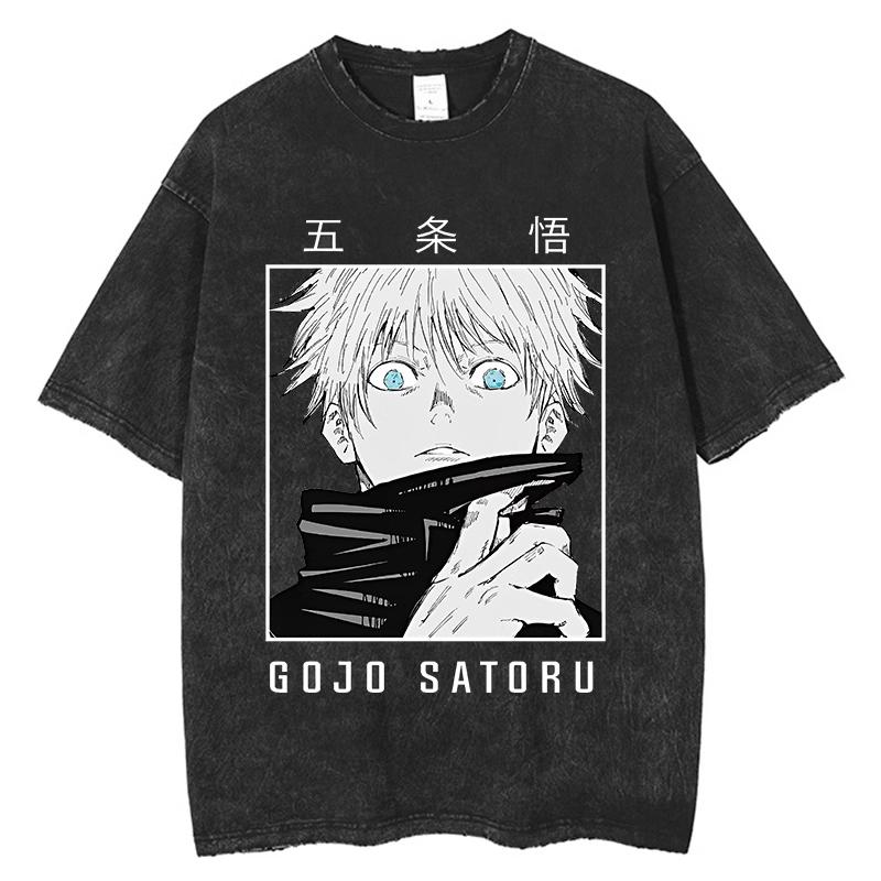 Jujutsu Kaisen Gojo Satoru Manga Panel Japanese Text Vintage Washed T Shirt Summer Graphic Tee for Men Women