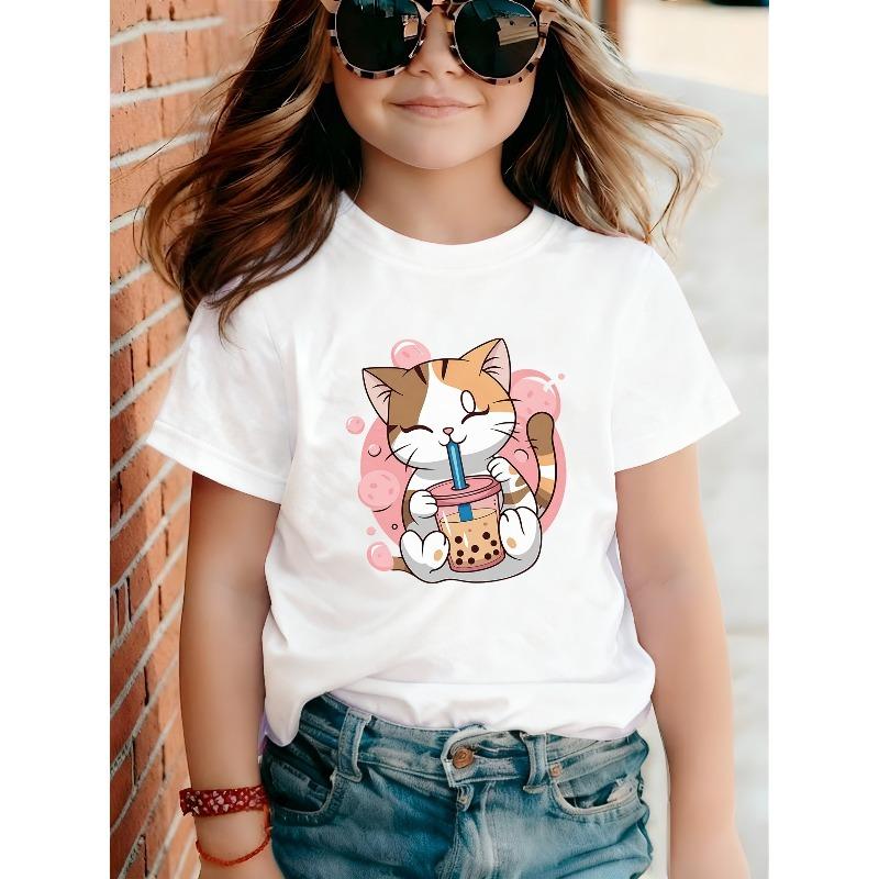 Mädchen Katze trinkt Boba Tee Aufdruck Rundhals Kurzarm T-Shirt