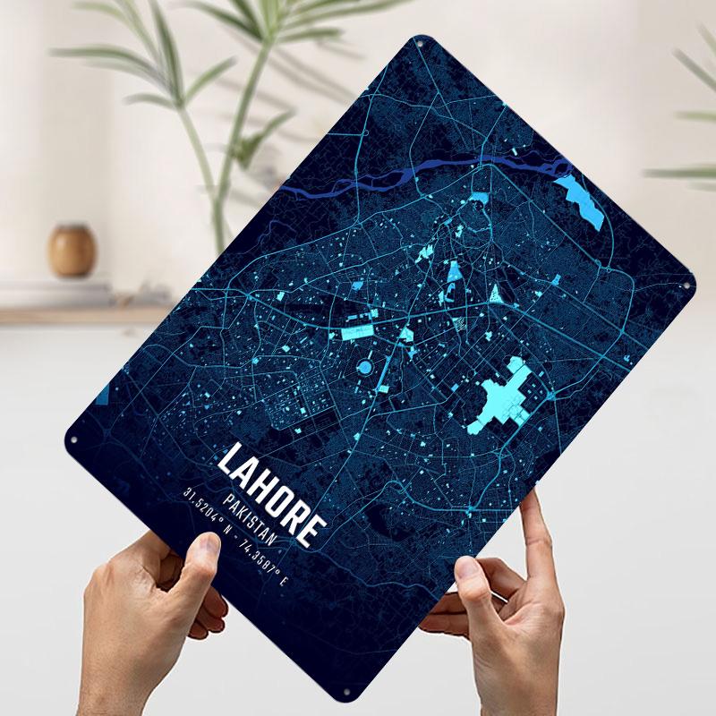 Lahore Midnight City Map Printed Poster Customized Wall Art Retro Vintage Metal Tin Signs for Home Office Decor Room Accessories