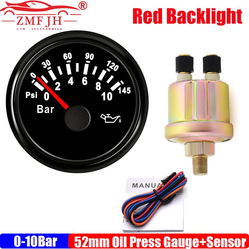 Red LED Pointer Oil Pressure Gauge with Press Sensor 1/8NPT Car 52MM Oil Press Meter Indicator 0~5Bar,0~10Bar,0-75PSI,0-145PSI