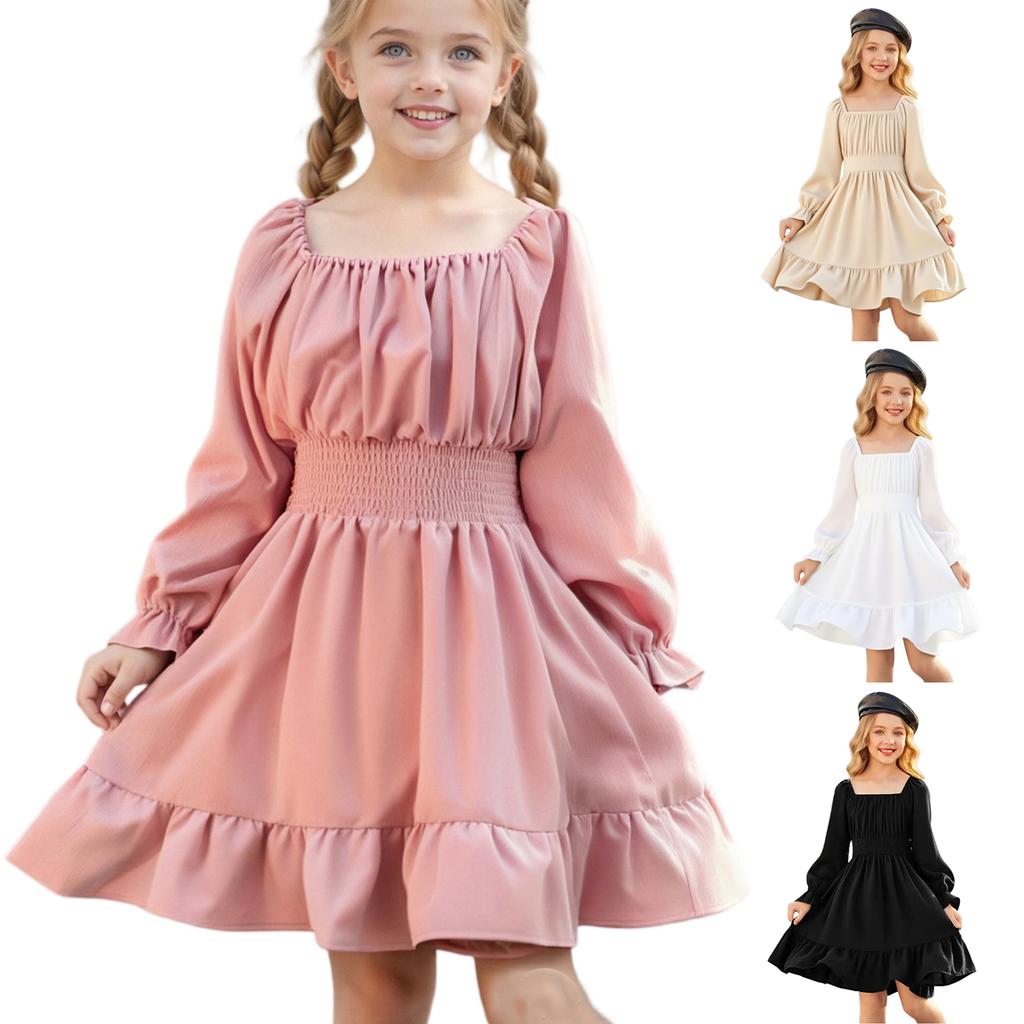 Girls' Fashionable And Cute Solid Color Waist-cinched Square Neck Bell-Sleeve Ruffled Full Skirt Dress