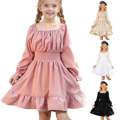 Mädchenhaftes Modisches Und Süßes Einfarbiges Taillenbetontes Quadratischer Ausschnitt Glockenärmel Gerüschtes Voller Rock Kleid
