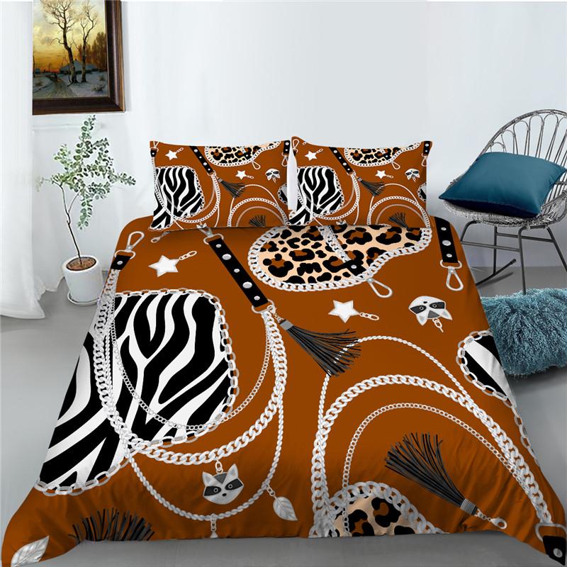 Bettbezug-Set mit Leopardenmuster, Mikrofaser, europäischer Retro-Klassiker, Druck, Doppelbett-Bettbezug mit Leopardenmuster und Goldkette, Kingsize