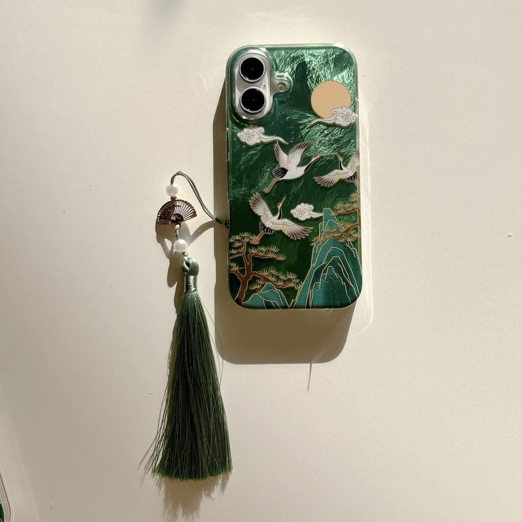 Auspicious INS Green Mountain Chinese Style Crane Tassel Dangle Phone Case for iPhone 17 16 15 14 13 Pro Max Back Phone Cover