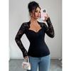 Damen Spitzen-Patchwork Figurbetonte Oberteile Herzförmiger Ausschnitt Langarm T-Shirts