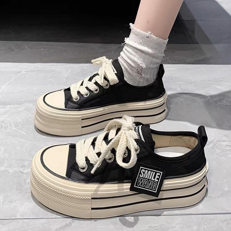 Damen Schwarze Plateau-Sneaker Schnürschuhe Bequeme Schuhe Mode Outdoor-Sport Leinenschuhe