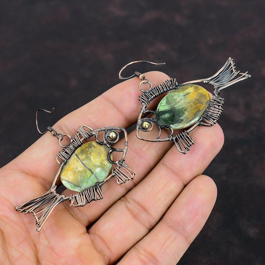 Cercei din calcedonie cromată australiană Cercei învelite cu sârmă de cupru Bijuterii din pietre prețioase Cercei cu pește Bijuterii din sârmă de cupru lucrate manual Cadouri pentru soție