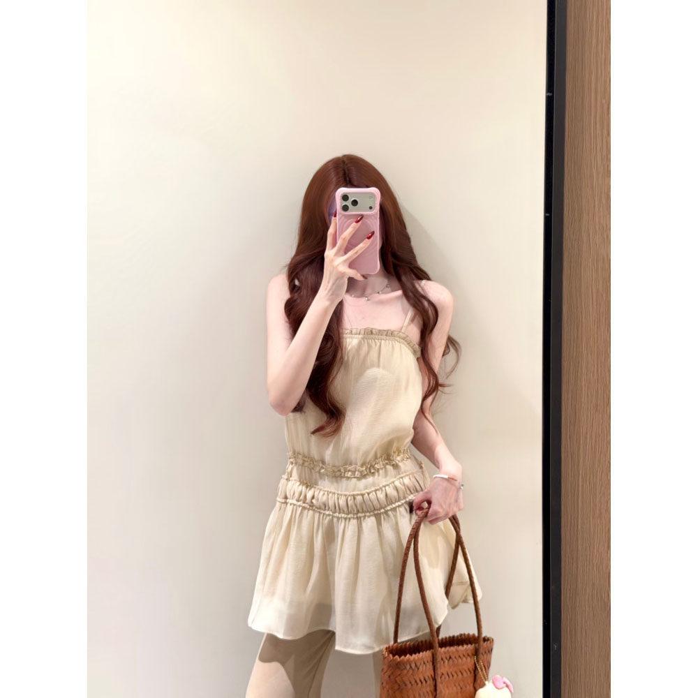 Lace Spliced A-Line Skirt & Camisole Pleated Dress - Slim-fit, Cinched Waist, Layered Vacation Style