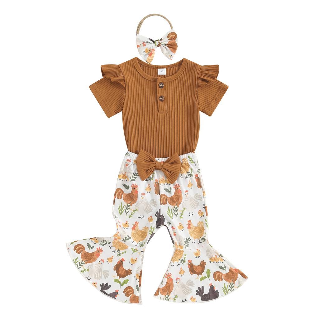 Baby Girls Spring Outfits Short Sleeve Button Front Romper + Flare Pants + Headband Set Newborn Clothes